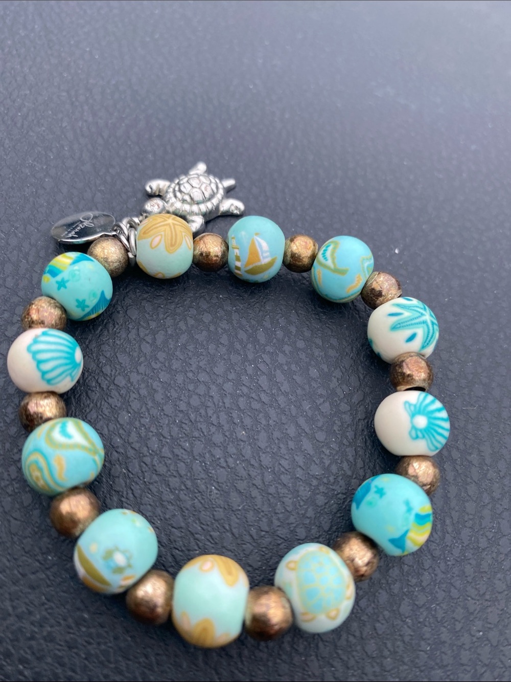 Polymer clay zilzarah Turtle Charm Turquoise Beaded Stretch Bracelet
